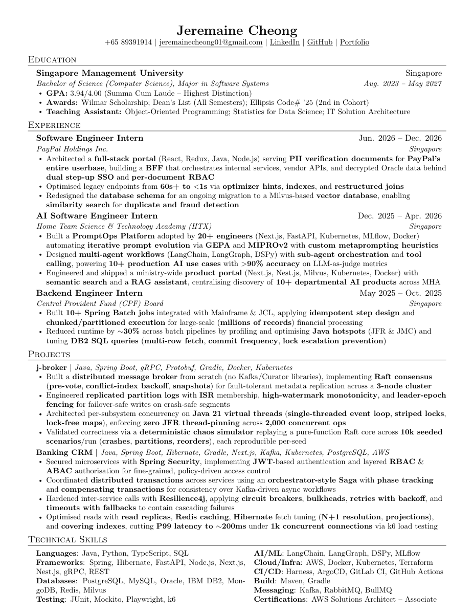 First page of Jeremaine Cheong's resume